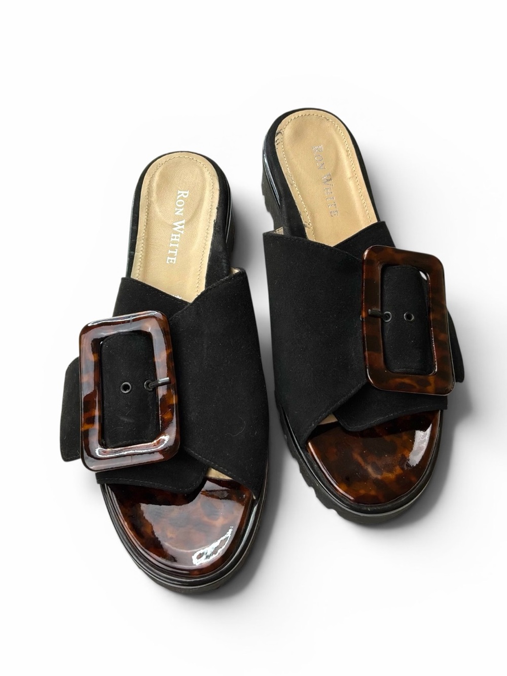 Ron White Candra Tort Lug Buckle Slide Sandal in Onyx NEW Size 40